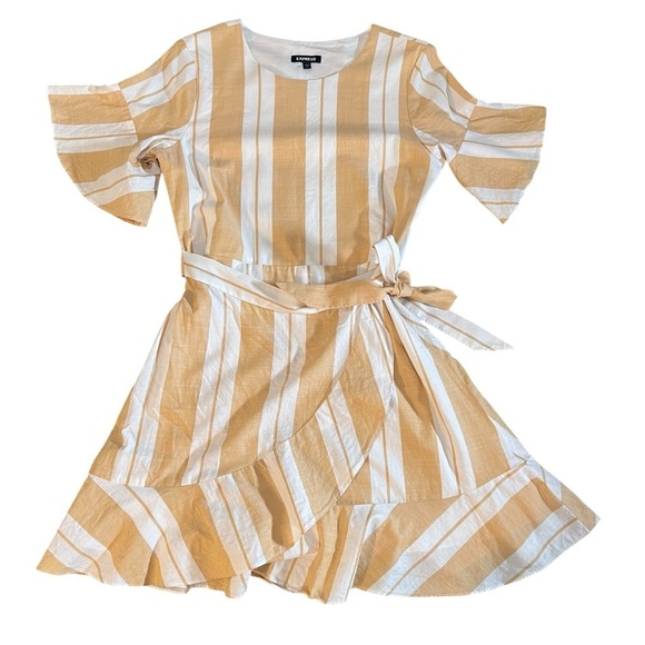 Express Cotton Ruffle Flare Sleeve Wrap Dress in Tan + White Stripes Size Small - Picture 1 of 10